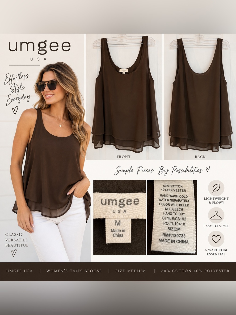 Umgee Brown Layered Sleeveless Blouse Women’s Medium Flowy Boho Tank